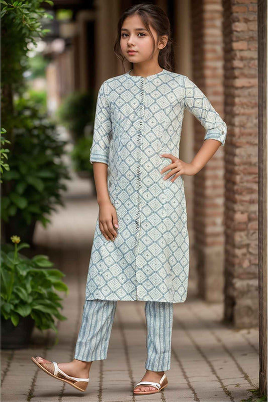 Grey Printed And Stone Work Kurta With Pant Set For Girls