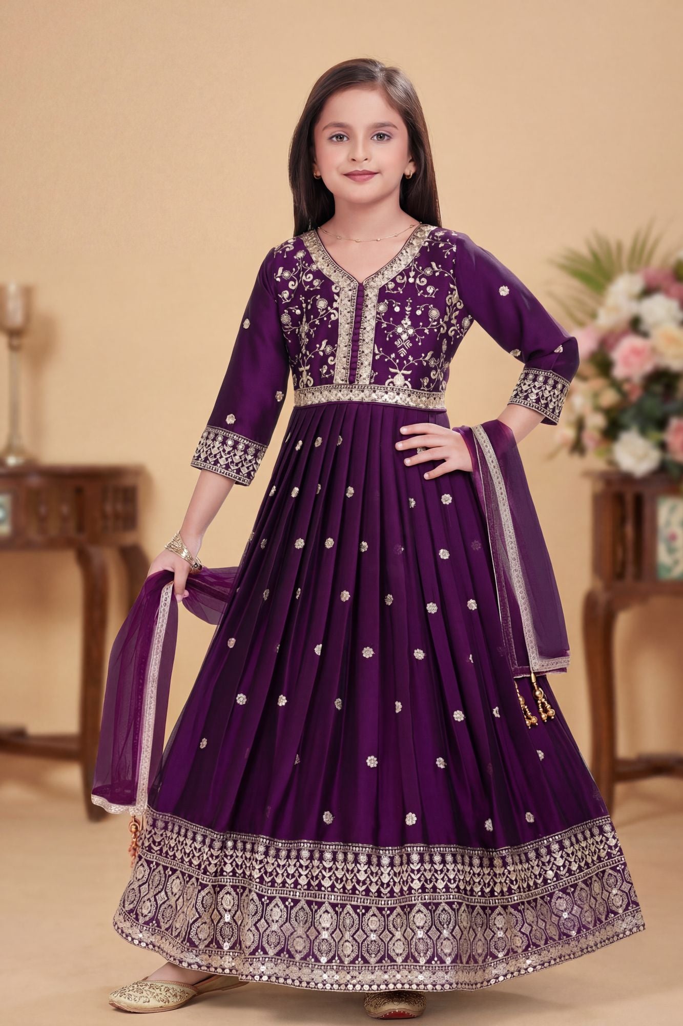 Wine Sequins Work And Zari Embroidered Ethnic Gown For Girls