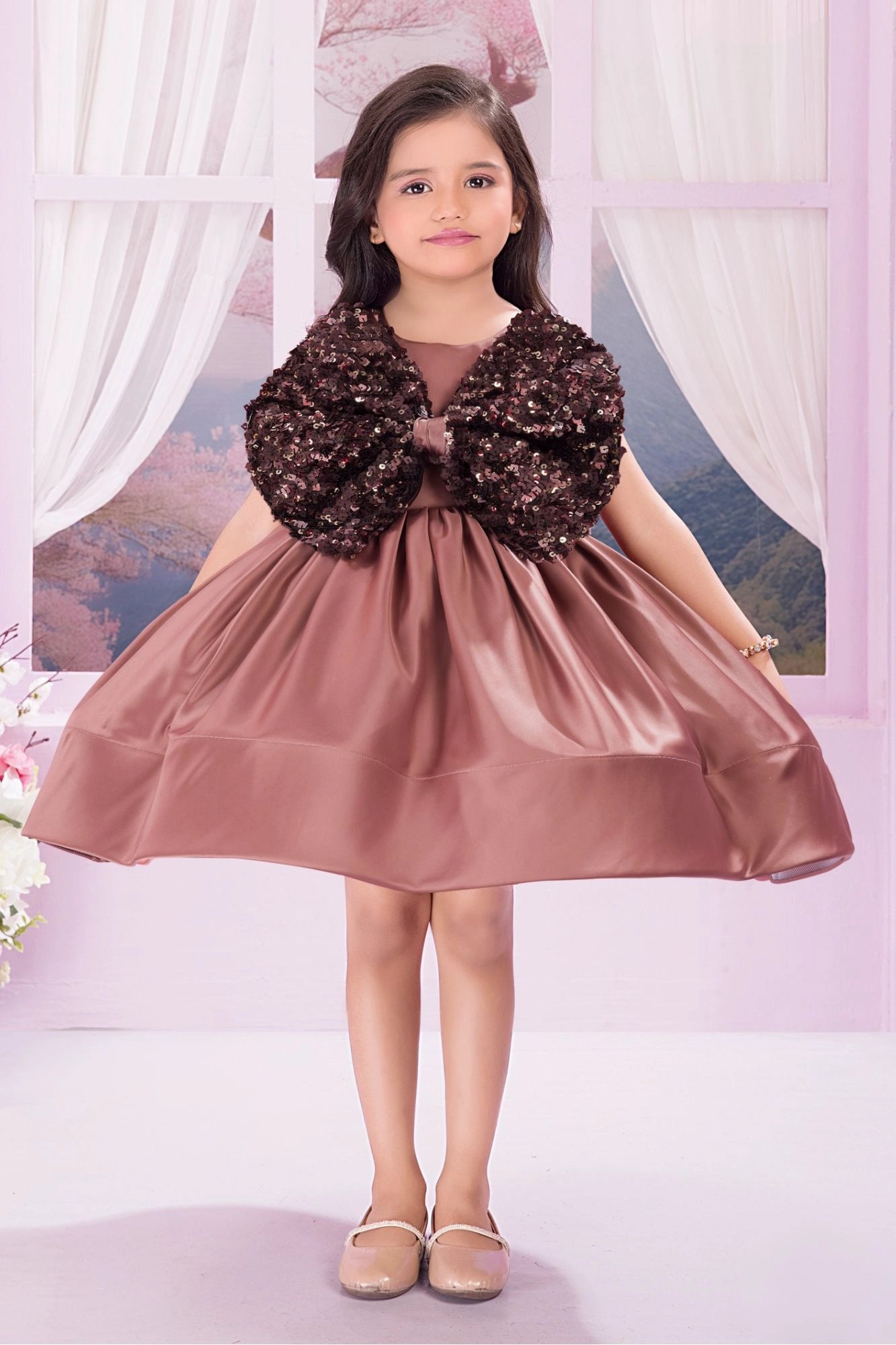 Dusky Peach Satin Party Frock with Oversized Sequin Bow For Girls