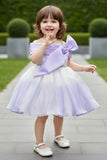Lavender & White Ombre Party Wear Frock With One-Shoulder Bow Design For Girls