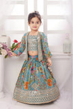 Turquoise Multicolor Printed Lehenga Set with Mirror Work Jacket For Girls