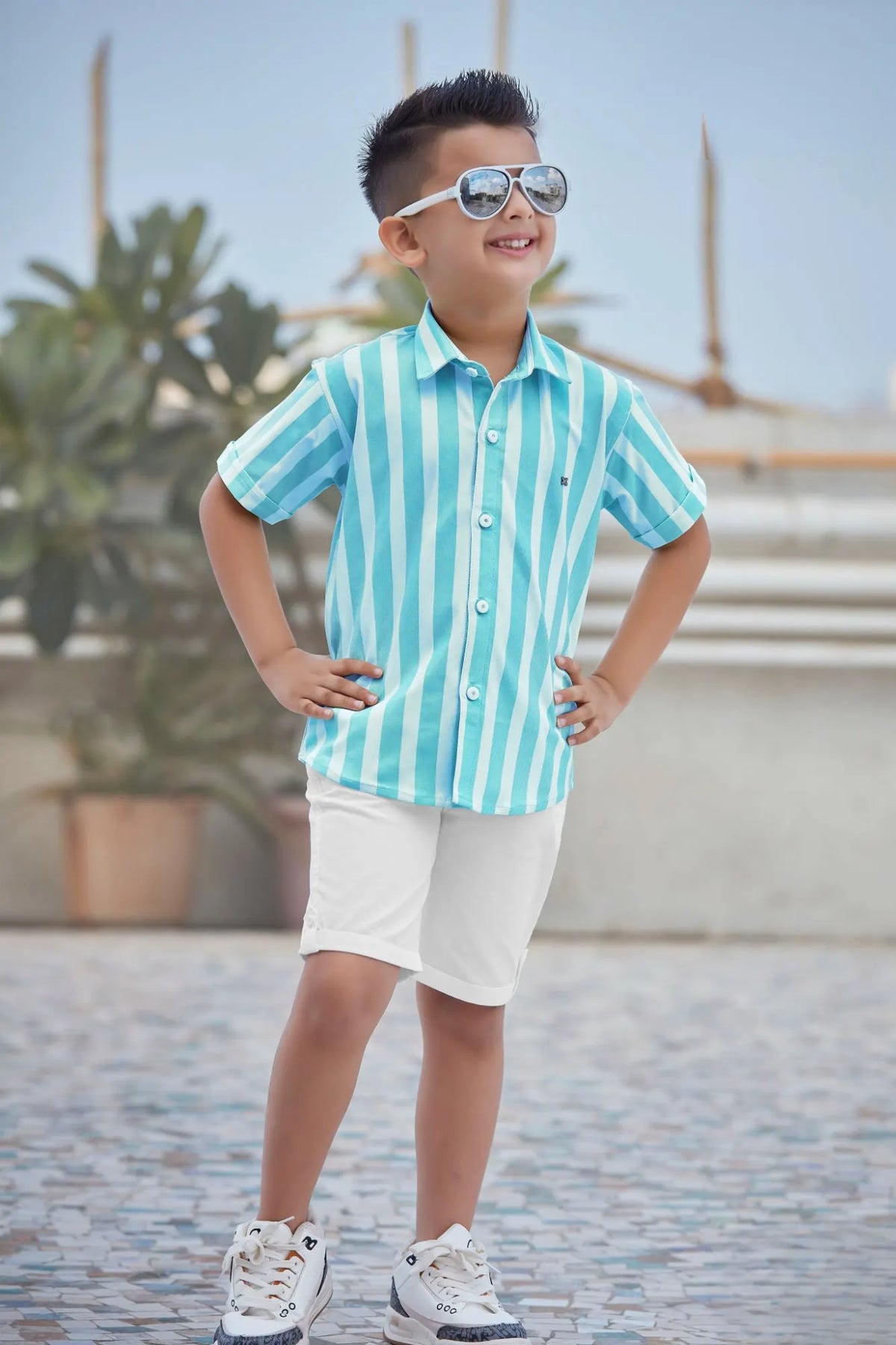 Aqua Blue Striped Shirt With White Shorts Set For Boys