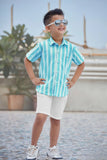 Aqua Blue Striped Shirt With White Shorts Set For Boys