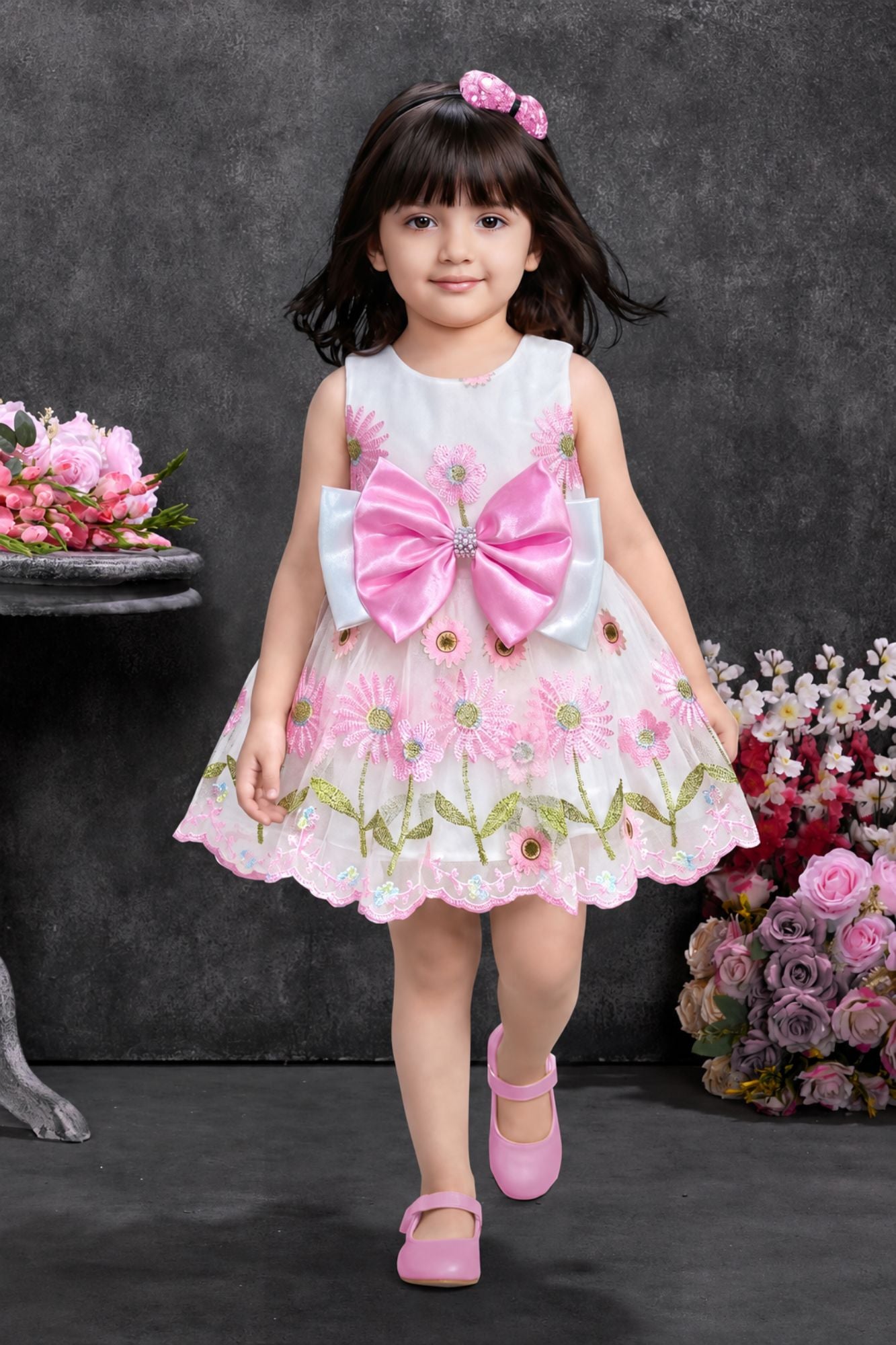 White Party Frock With Pink Embroidered Floral And Oversized Satin Bow