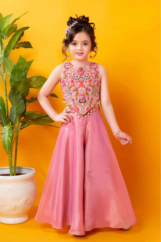 Pink Sequins Work With Thread Embroidery For Palazzo Set For Girls
