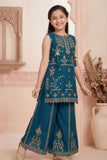 Teal Blue Zari Embroidered Kurti Palazzo Set For Girls