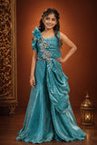 Girls Teal Blue Sequin Embellished Draped Sharara Set