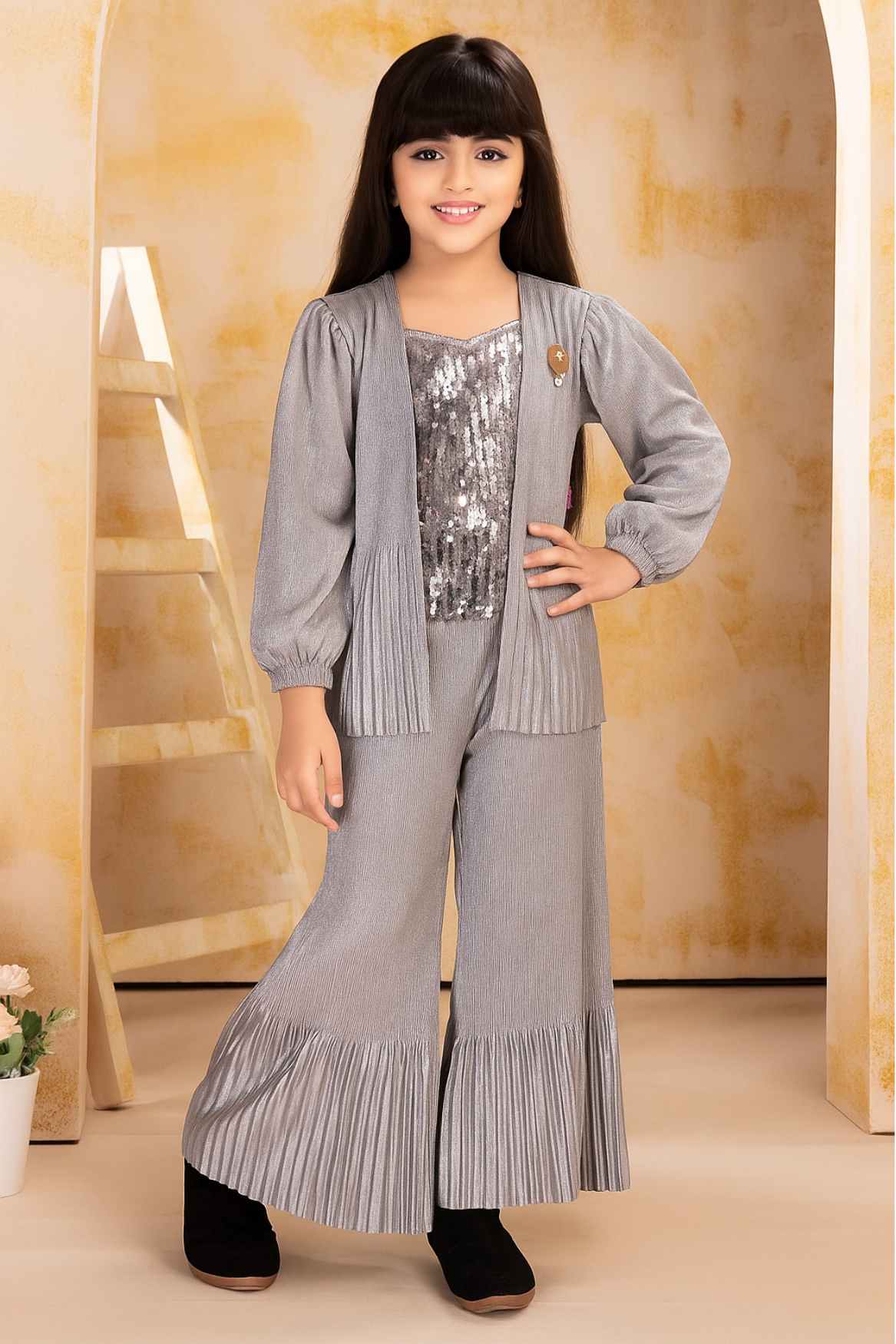 Silver Sequins Work Party Wear Palazzo Set With Overcoat For Girls