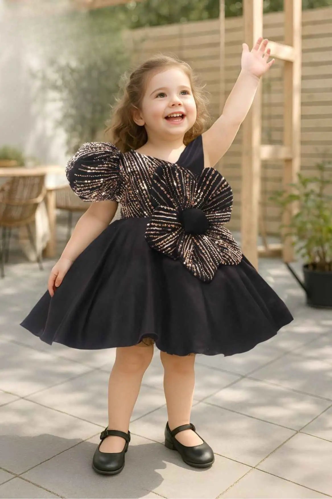 Black Party Frock With Sequins And Floral Embellishment For Girls