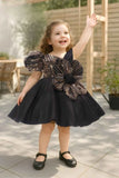 Black Party Frock With Sequins And Floral Embellishment For Girls