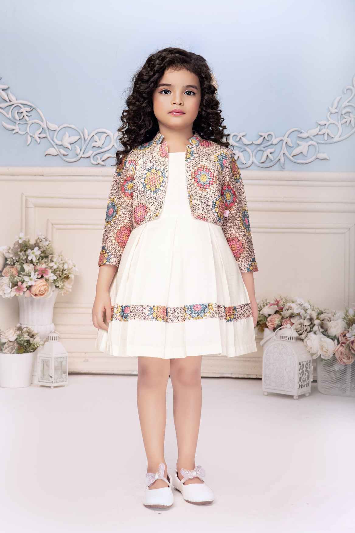 Cream Casual Dress With Floral Printed Overcoat For Girls