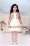 Cream Casual Dress With Floral Printed Overcoat For Girls