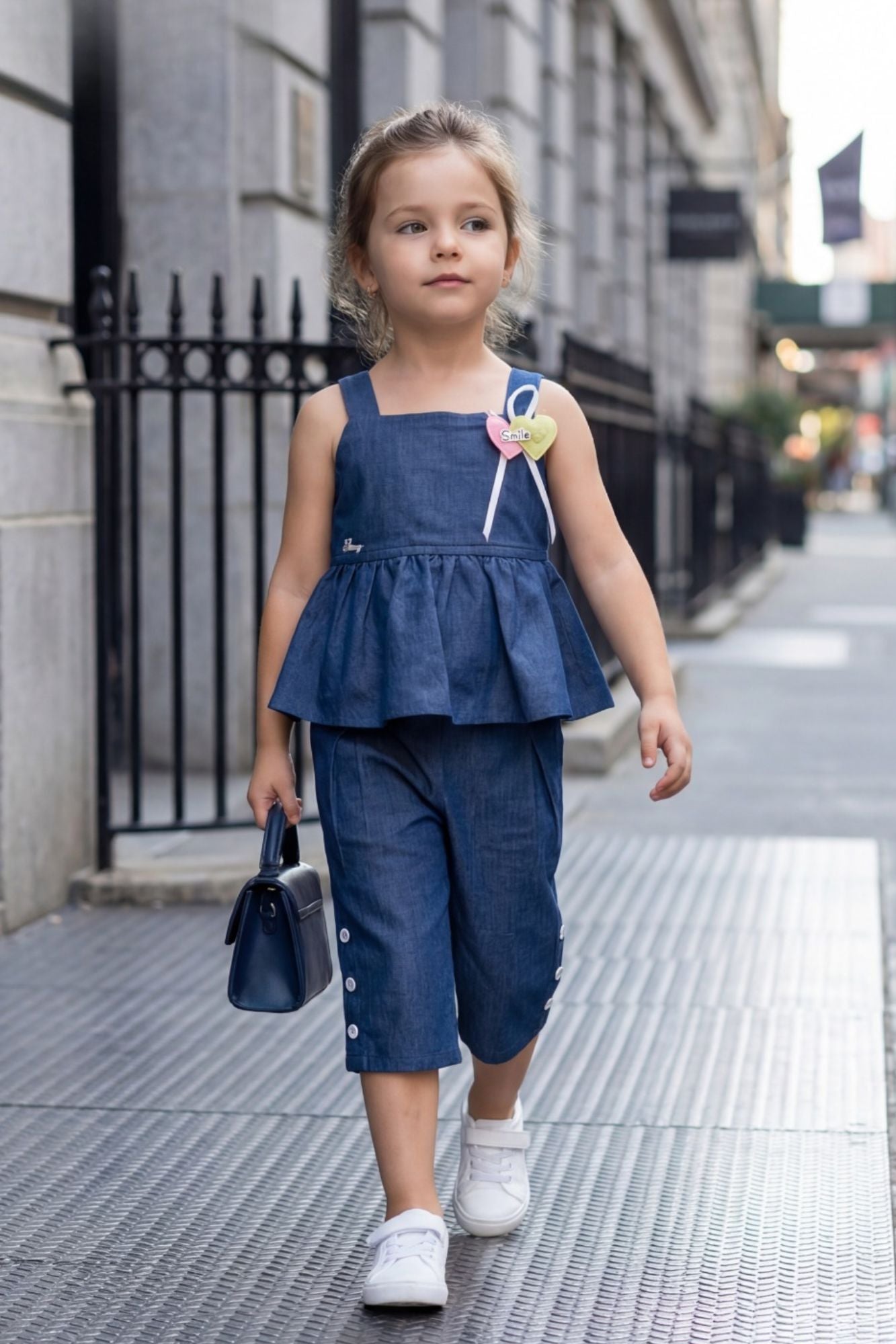 Girls Denim Co-Ord Set with Peplum Top And Culotte Pants