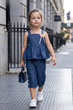 Girls Denim Co-Ord Set with Peplum Top And Culotte Pants