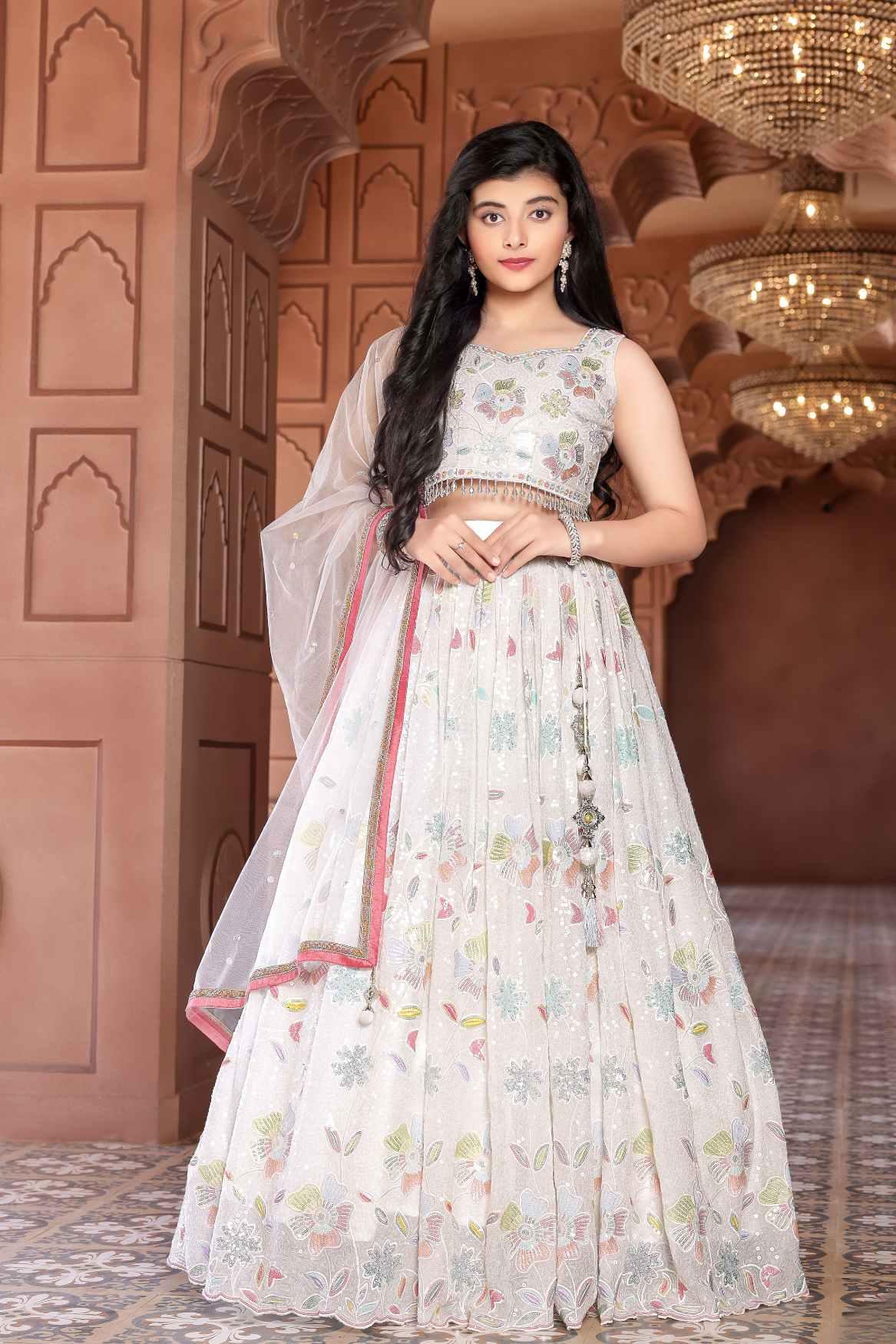 Elegant White Sequin Lehenga Choli Set With Dupatta For Girls - Lagorii Kids