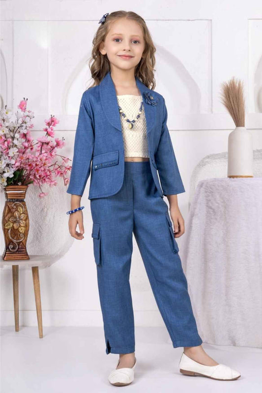 Stylish Blue And Cream Textured Design Top And Pant Set With Overcoat For Girls