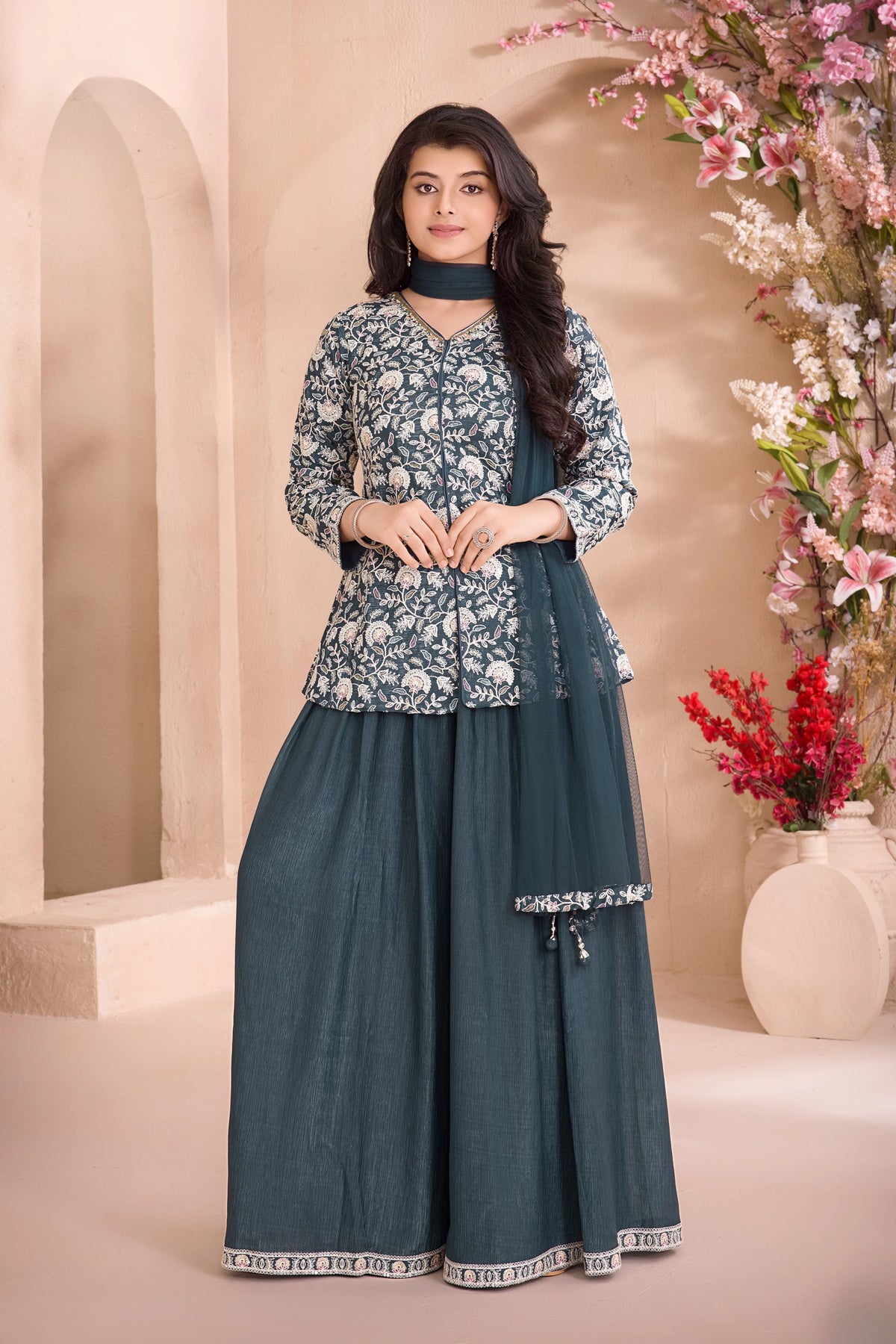 Dark Green Embroidered Palazzo Set with Dupatta For Girls