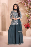 Dark Green Embroidered Palazzo Set with Dupatta For Girls