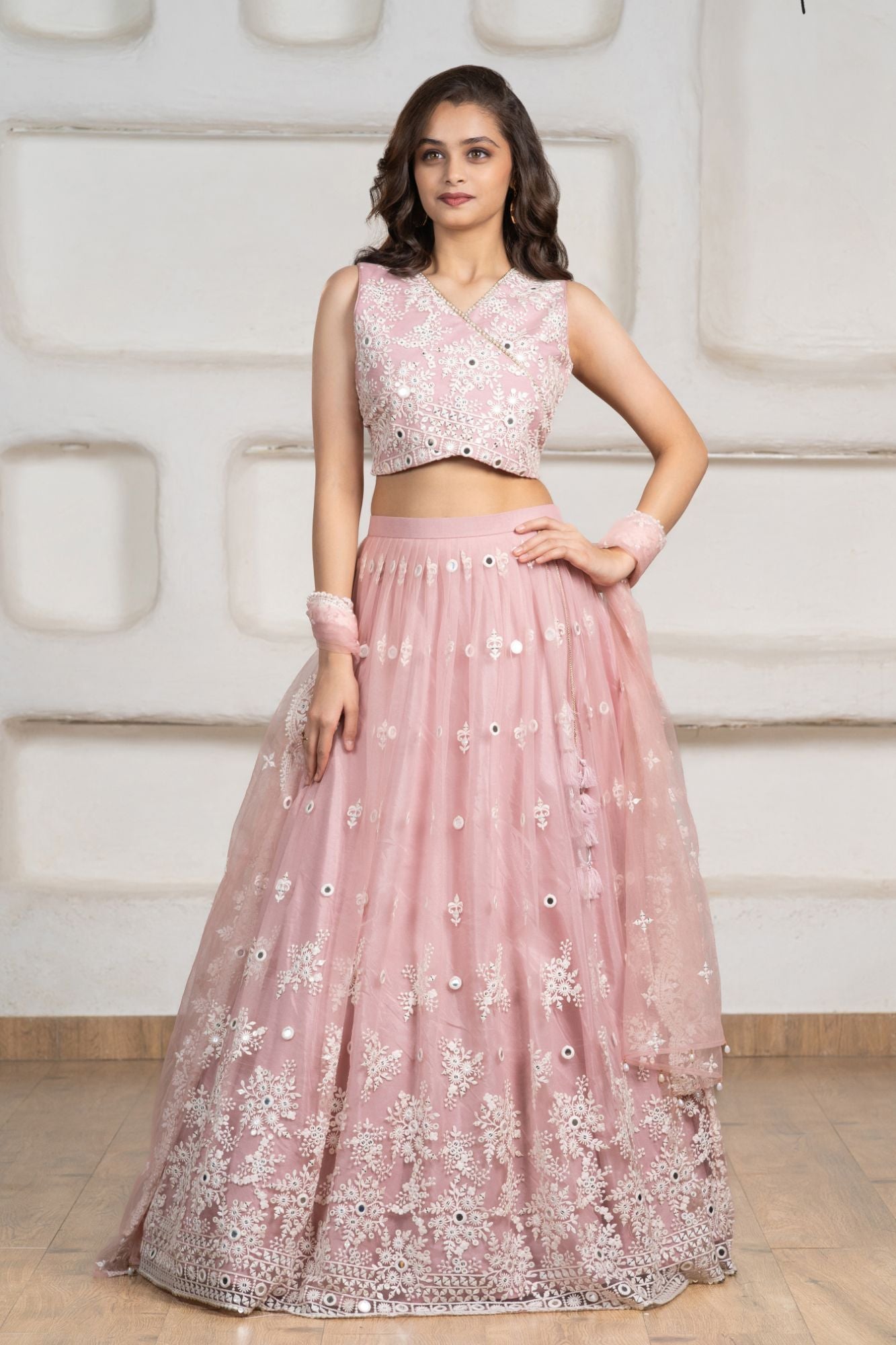 Blush Pink Embroidered Lehenga Choli Set with Dupatta For Girls