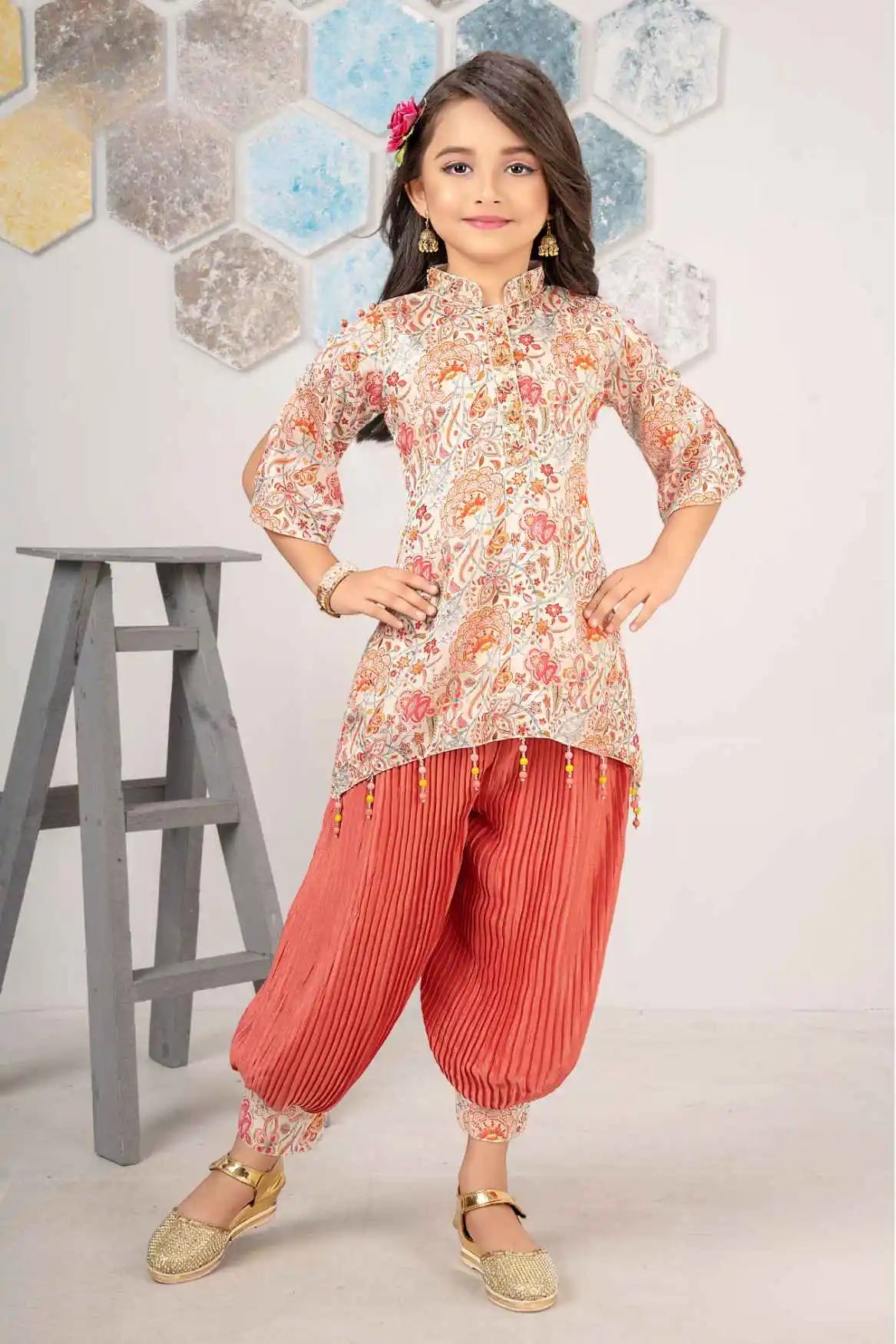 Cream Printed And Sequin Top And Peach Bottom Set For Girls