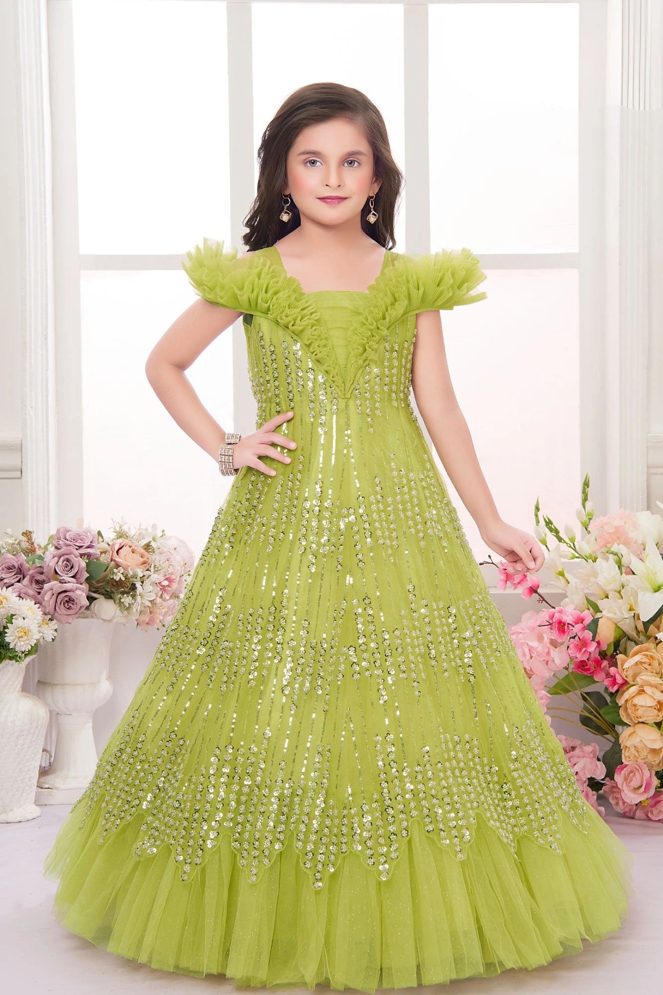 Lime Green Embellished Sequin Sparkle Ball Gown For Girls