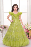 Lime Green Embellished Sequin Sparkle Ball Gown For Girls