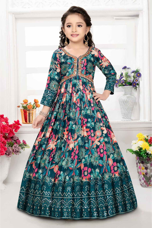 Blue Floral Printed Gown With Sequin Work For Girls