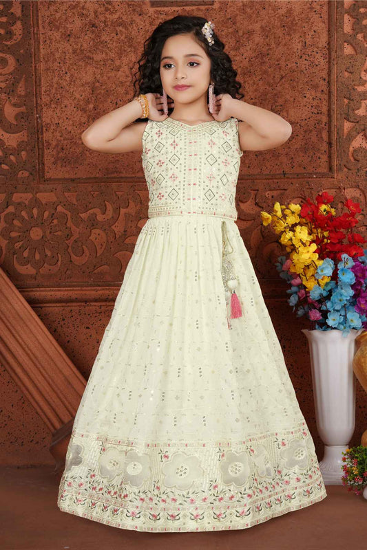 White Floral Embroidered Lehenga Choli Set For Girls