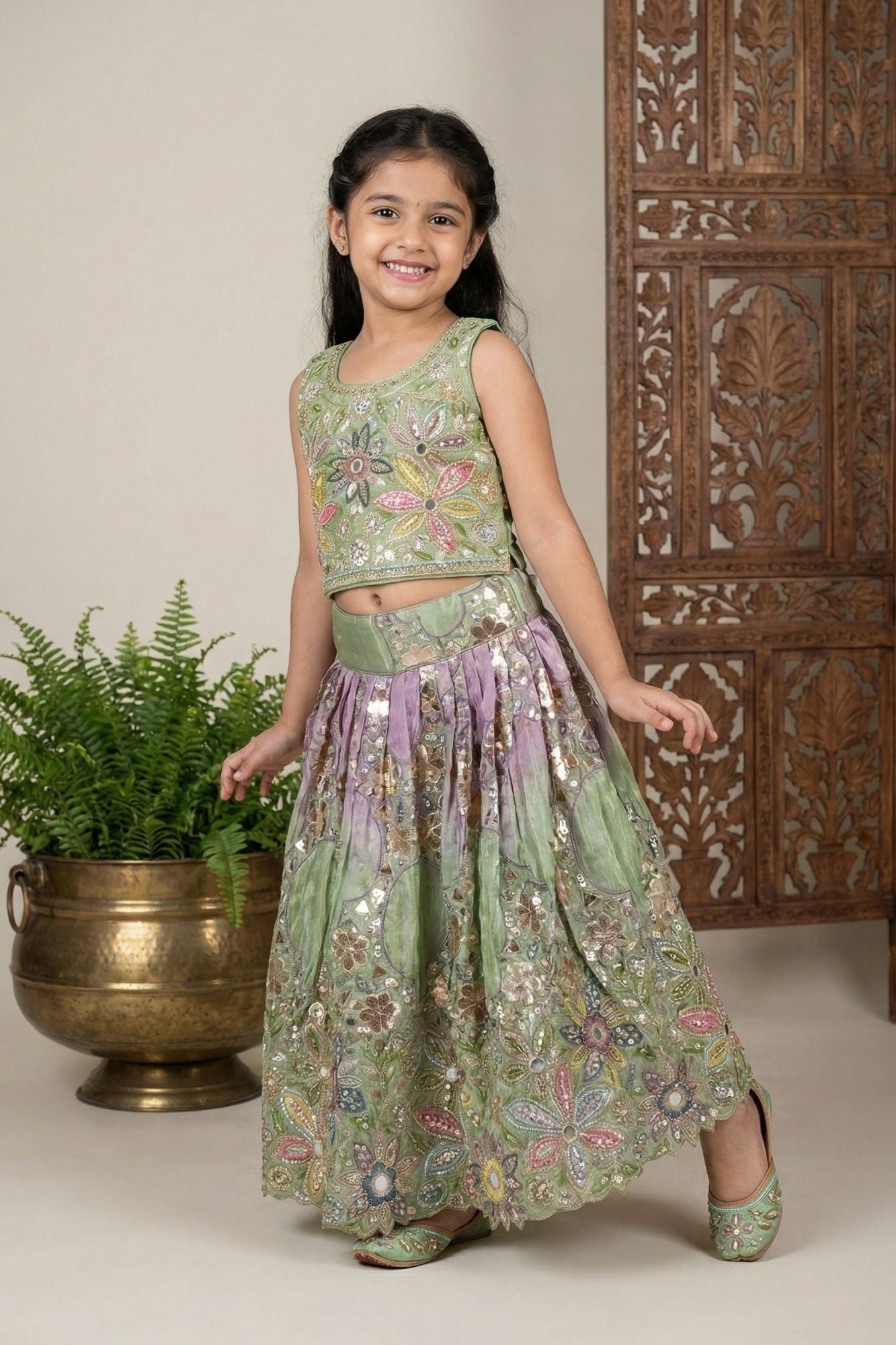Sage Green Floral Embroidered Lehenga Choli For Girls