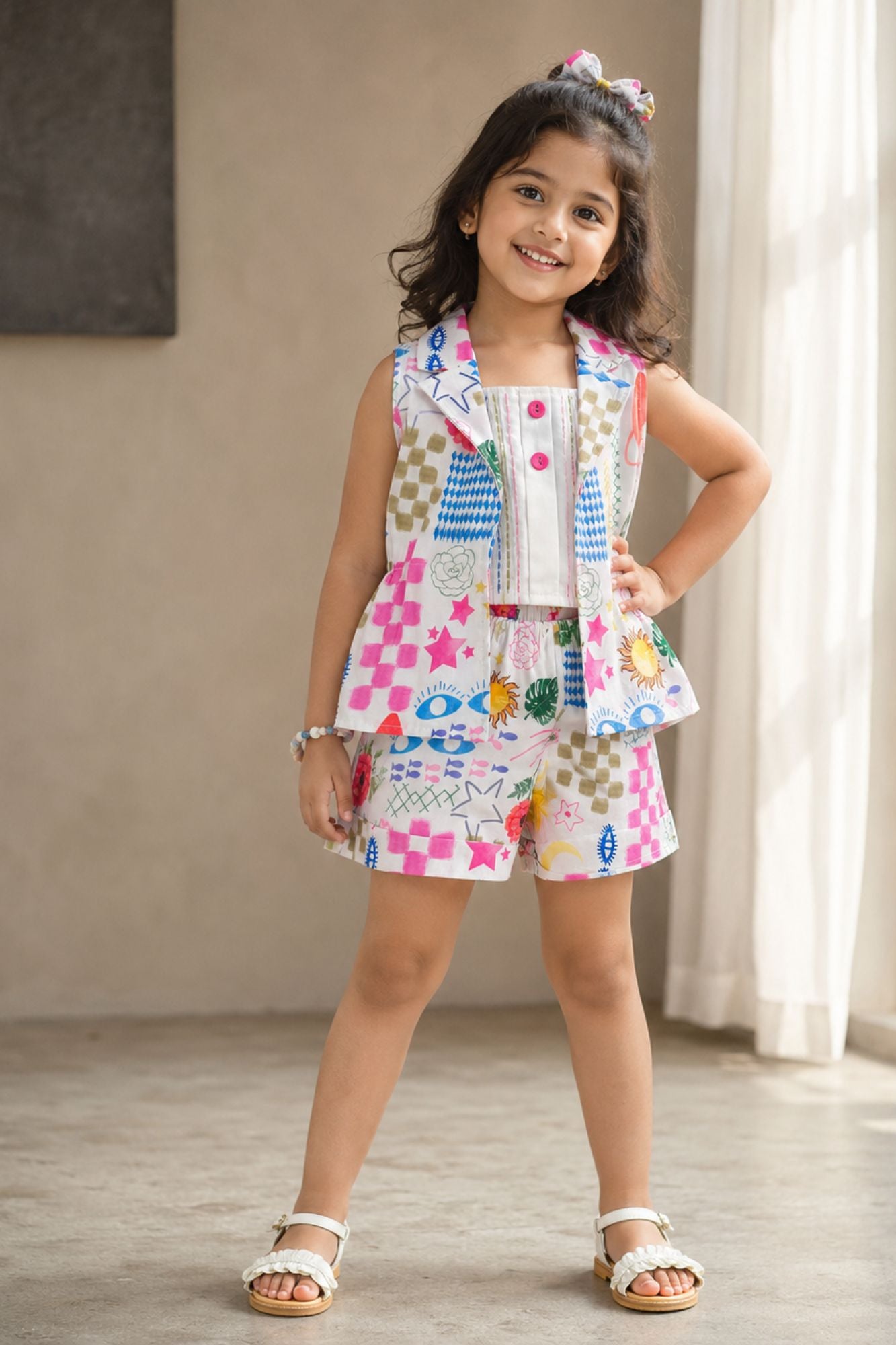 Playful Abstract Printed Waistcoat Top and Shorts Co ord Set