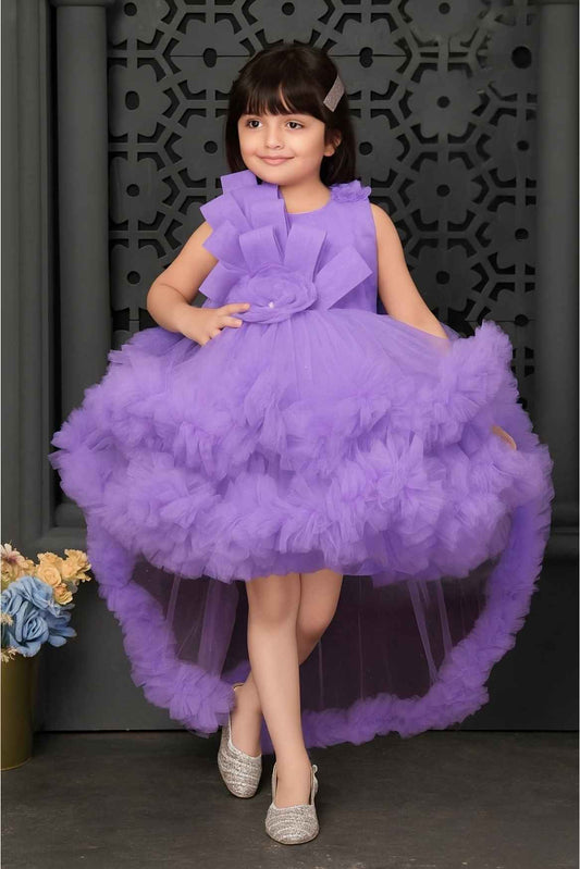 Purple Sleeveless And Floral Embellished Tail Back Frock For Girls