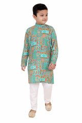 Ethnic Green Jaipuri Printed Kurta And White Bottom Set For Boys