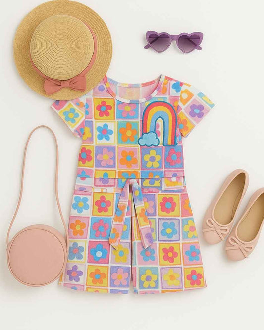 Vibrant Blue And Multicolor Printed Jumpsuit For Girls
