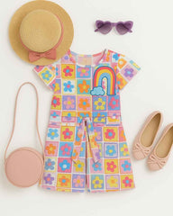Vibrant Blue And Multicolor Printed Jumpsuit For Girls