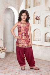 Rani Pink Brocade Kurta With Patiala Bottom For Girls