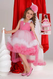 Pink Ruffle Party Frock With Stone Embellished And High-Low Hem For Girls