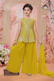 Yellow Sequins And Zari Embroidered Peplum Kurti With Palazzo Set for Girls