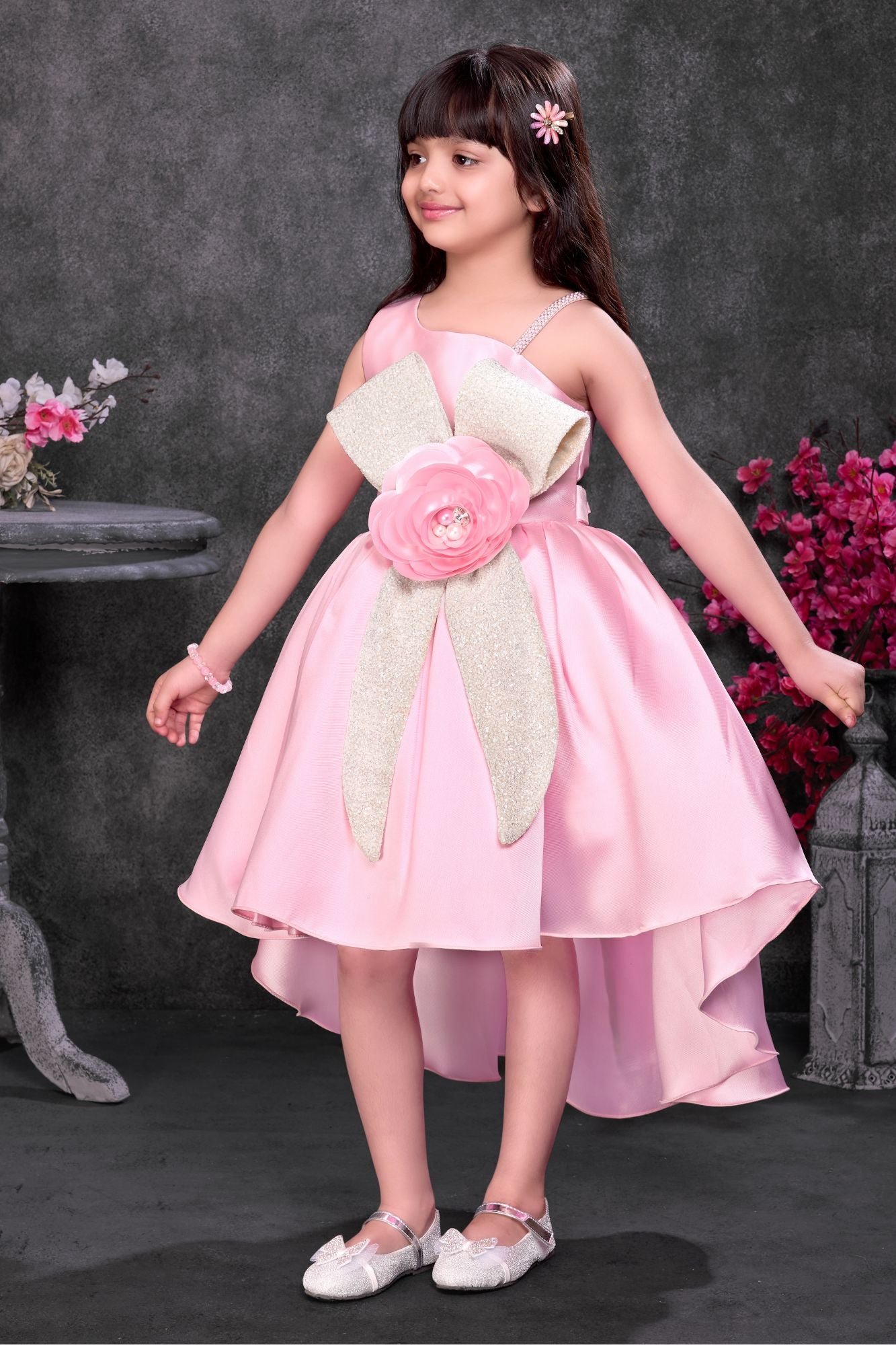 Blush Pink High-Low Party Frock Wiith 3D Floral Waist Detail For Girls