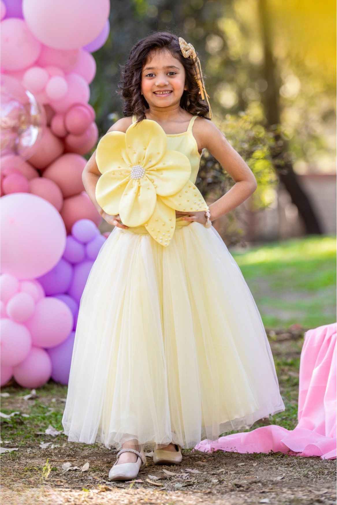 Pastel Yellow Princess Gown With 3D Floral Embellishment For Girls