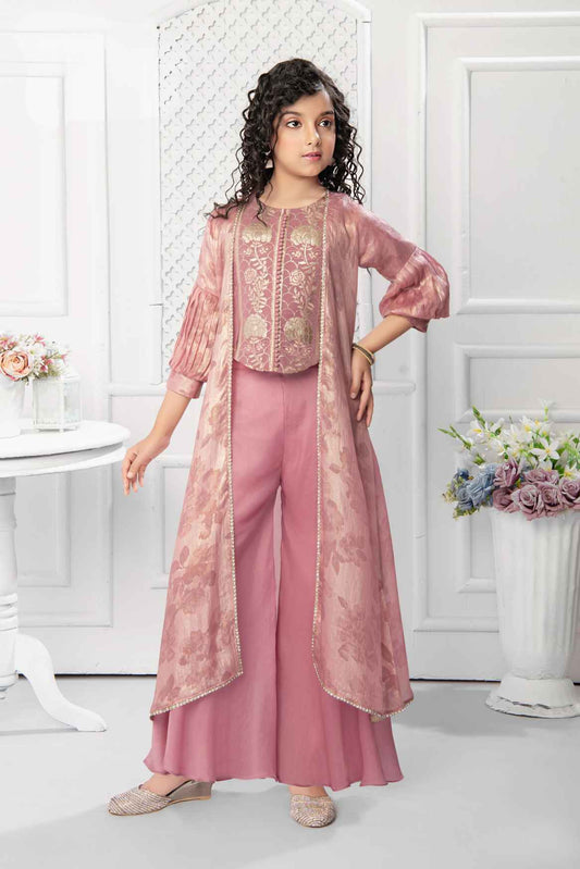 Onion Pink Embroidered And Stone Work Top With Palazzo Set For Girls