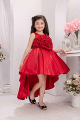 Red Embellished With Floral And Tail Back Frock For Girls