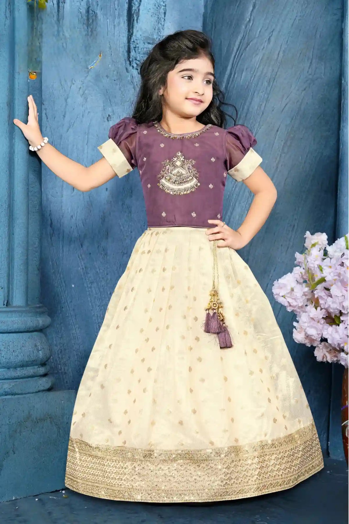 Purple & Cream Zari and Stone Embroidery Pattu Pavadai Set