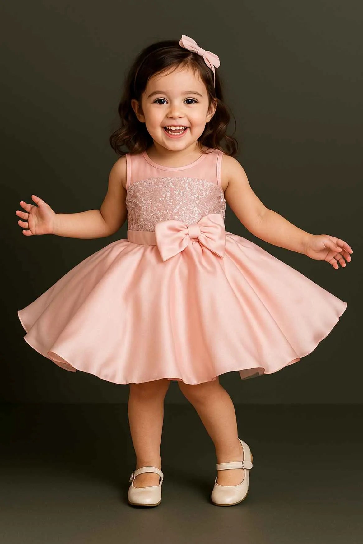 Peach Party Frock With Sequins Work For Girls