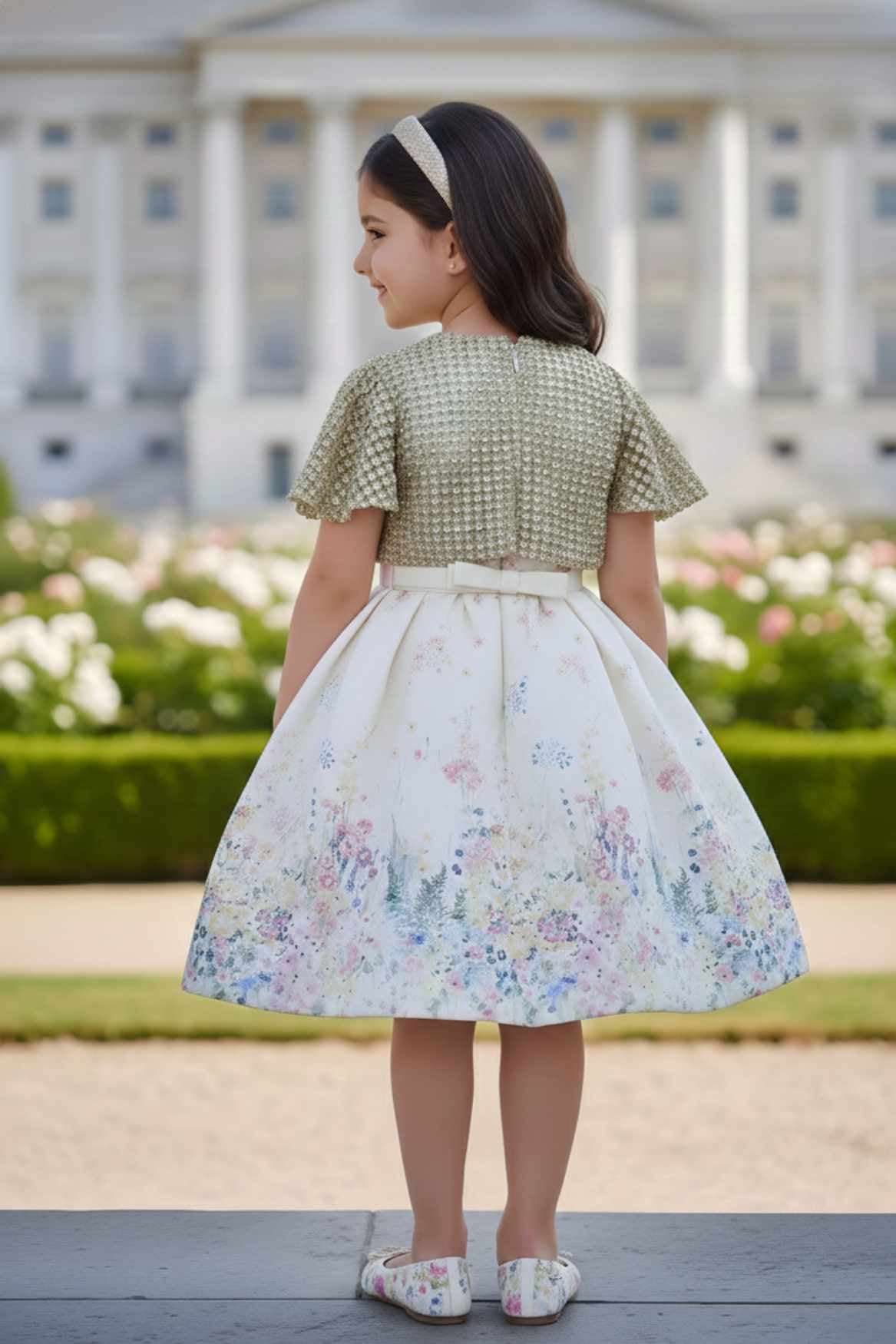 Ivory Floral Party Wear Frock with Golden Jacket And Bow Waist Accent For Girls