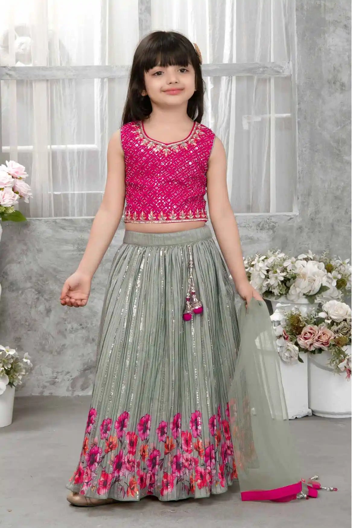Rani Pink Embroidered Choli With Sage Green Sequin Floral Lehenga and Dupatta For Girls