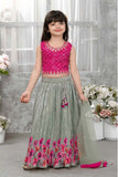 Rani Pink Embroidered Choli With Sage Green Sequin Floral Lehenga and Dupatta For Girls