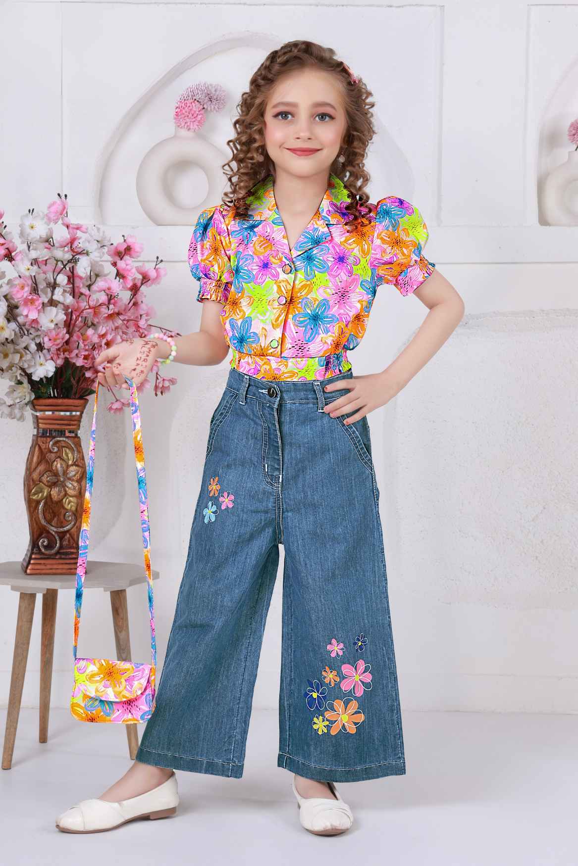 Multicolor Floral Shirt With Blue Embroidered Wide Leg Denim Pants Set For Girls