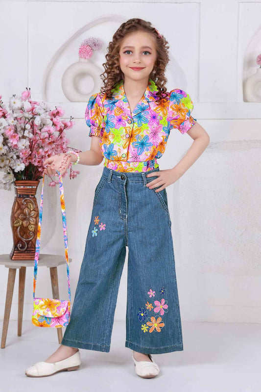 Multicolor Floral Shirt With Blue Embroidered Wide Leg Denim Pants Set For Girls