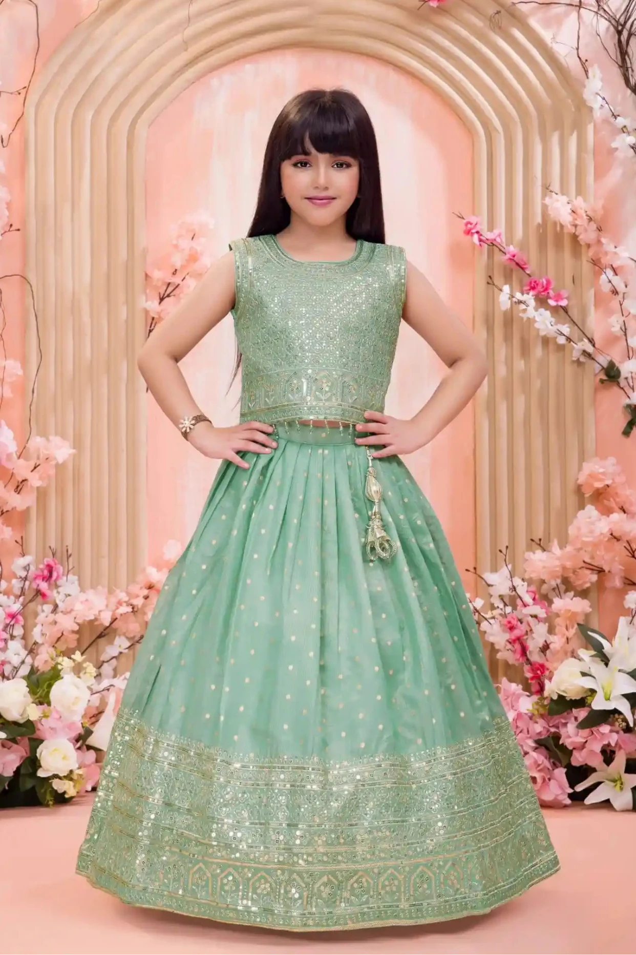 Mint Green Embroidered Lehenga Choli Set for Girls