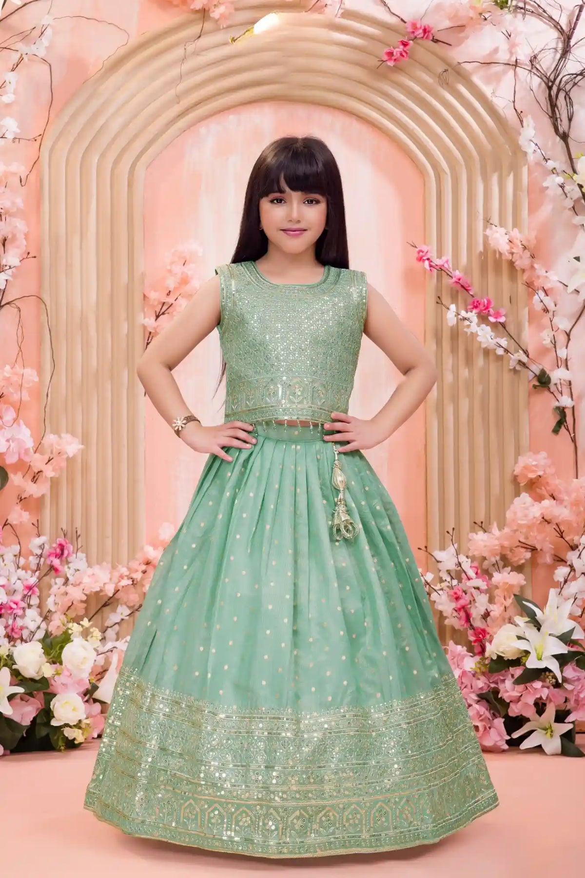 Mint Green Embroidered Lehenga Choli Set for Girls